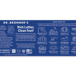 Blue back-panel guide from the Dr. Bronner's Rainbow Sampler Pack showing dilution instructions, suggested uses, certification icons and ethical sourcing information.