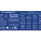 Blue back-panel guide from the Dr. Bronner's Rainbow Sampler Pack showing dilution instructions, suggested uses, certification icons and ethical sourcing information.