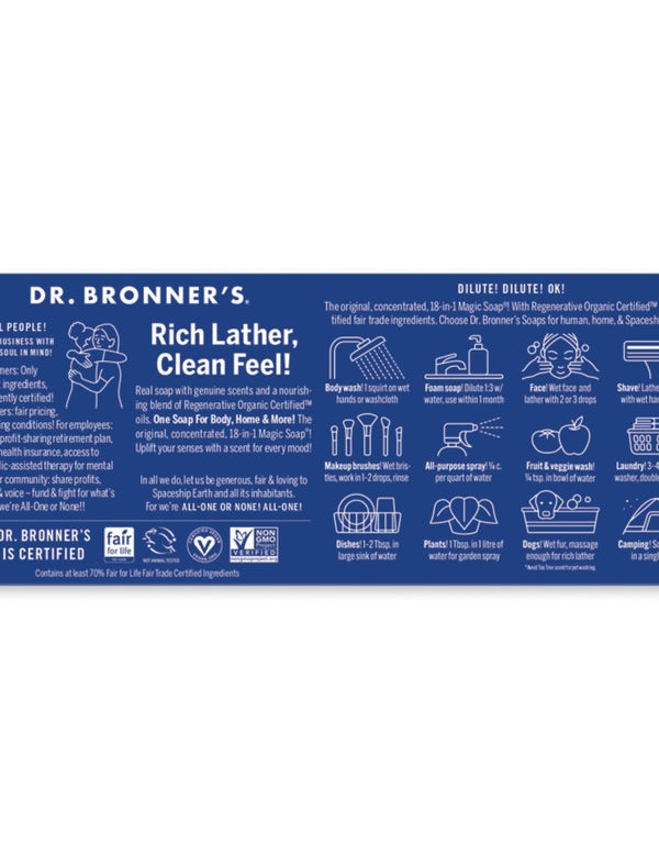 Blue back-panel guide from the Dr. Bronner's Rainbow Sampler Pack showing dilution instructions, suggested uses, certification icons and ethical sourcing information.