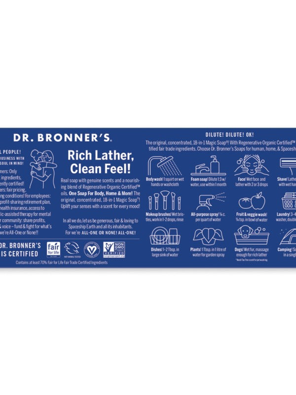 Blue back-panel guide from the Dr. Bronner's Rainbow Sampler Pack showing dilution instructions, suggested uses, certification icons and ethical sourcing information.