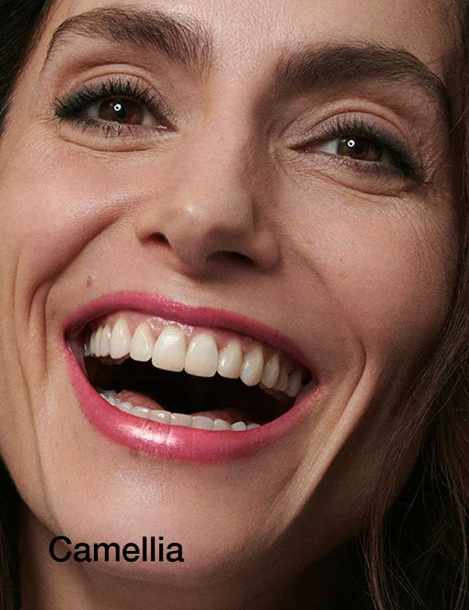 A woman smiles brightly with natural makeup and glossy pink lips. "Dr Hauschka Lipsticks 4g" appears in the corner, highlighting hydrating botanical ingredients for naturally beautiful lips.