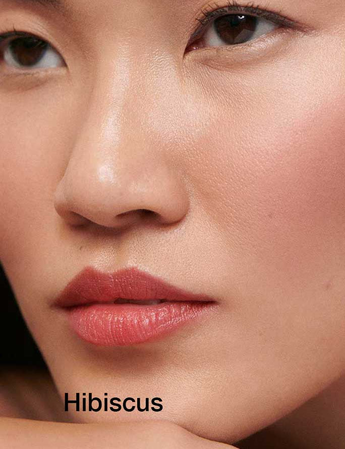 Close-up of a person's face with smooth skin, brown eyes, and natural-looking pink lips wearing Dr Hauschka Lipsticks 4g, made with hydrating botanical ingredients. The word "Hibiscus" appears in black text near the lips.