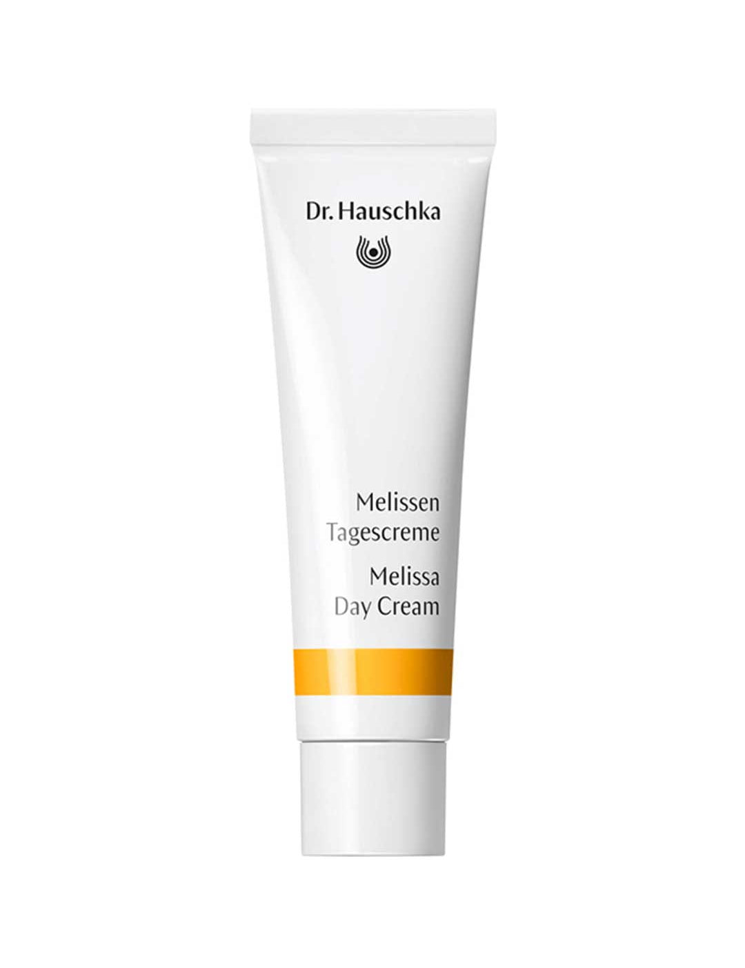 Dr Hauschka Melissa Day Cream in a white squeeze tube with a white cap, black lettering and a golden-yellow band near the base.
