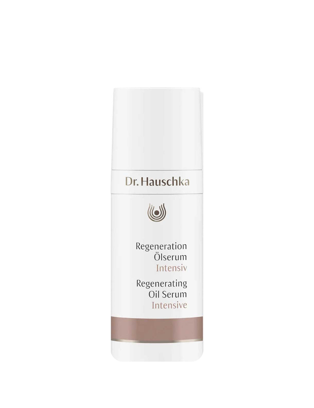 Dr Hauschka Regenerating Oil Serum Intensive in a white cylindrical bottle with a tall white cap, dark lettering and a muted brown band near the base.