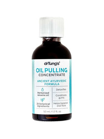 Dr Tung's Oil Pulling Concentrate in a dark amber bottle with a white ribbed cap and a white label with turquoise lettering and panels.