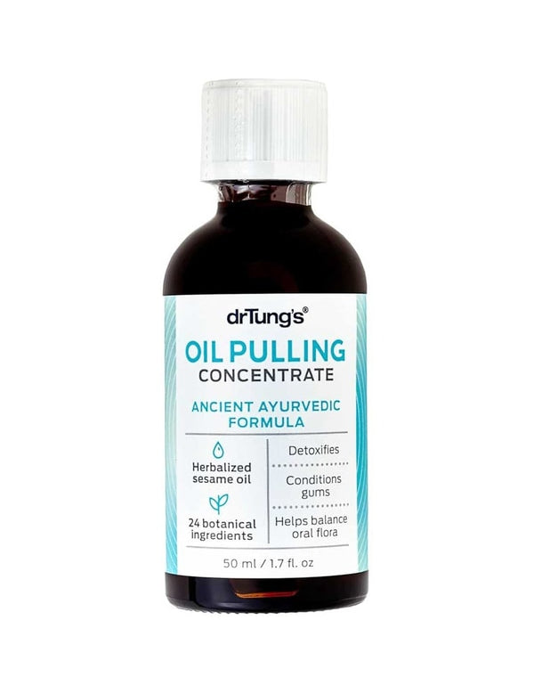 Dr Tung's Oil Pulling Concentrate in a dark amber bottle with a white ribbed cap and a white label with turquoise lettering and panels.