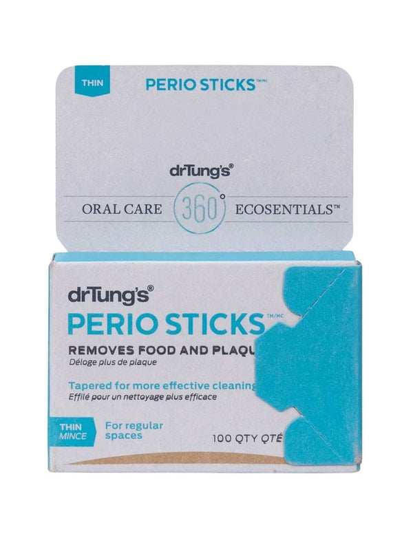 White and turquoise Dr Tung's Perio Sticks Thin carton with its upper display flap raised, labelled for regular spaces and containing 100 dental sticks.
