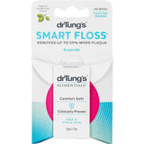 Dr Tung's Smart Floss in white and turquoise card packaging with a pink circle behind the white dispenser, labelled Comfort Soft and natural cardamom flavour.