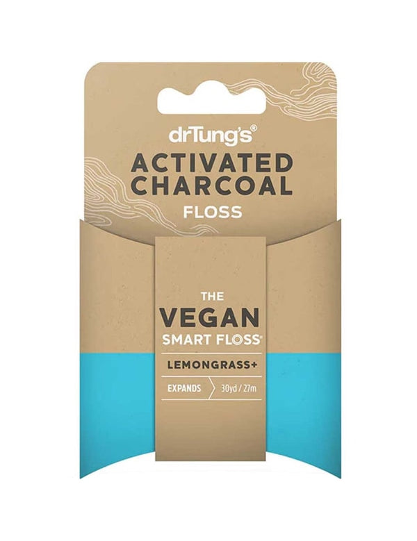 Dr Tung's Activated Charcoal Vegan Smart Floss in tan card packaging with a turquoise lower band and a matching tan dispenser, labelled Lemongrass.