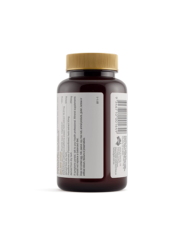 Back of the Herbs of Gold Magnesium Night bottle showing warnings and directions