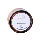 A round, eco-friendly brown container of Eco Minerals Mineral Mineral Blush with a white label featuring the brand name, product name, open jar symbol “36M,” and website www.ecominerals.com.au. The lid and container are brown.