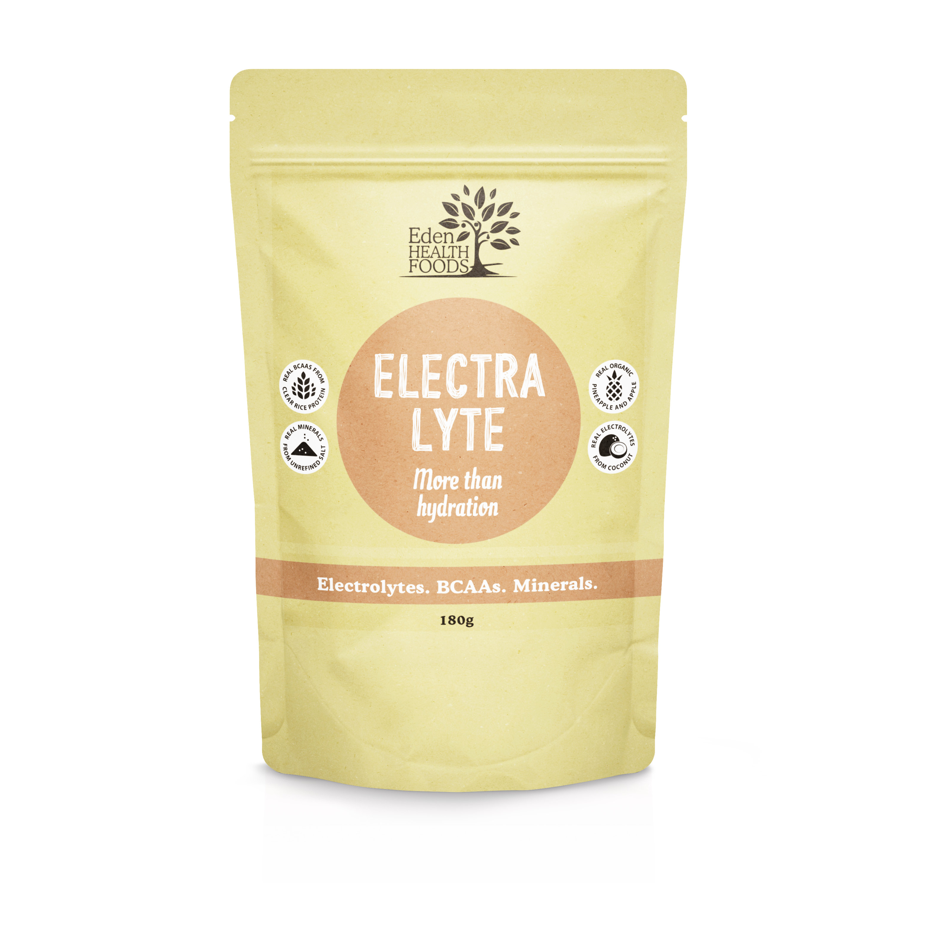 Pale yellow Eden Healthfoods Electra-Lyte Pineapple and Apple pouch standing upright, with a tan circular title panel and a horizontal band reading Electrolytes, BCAAs, Minerals.