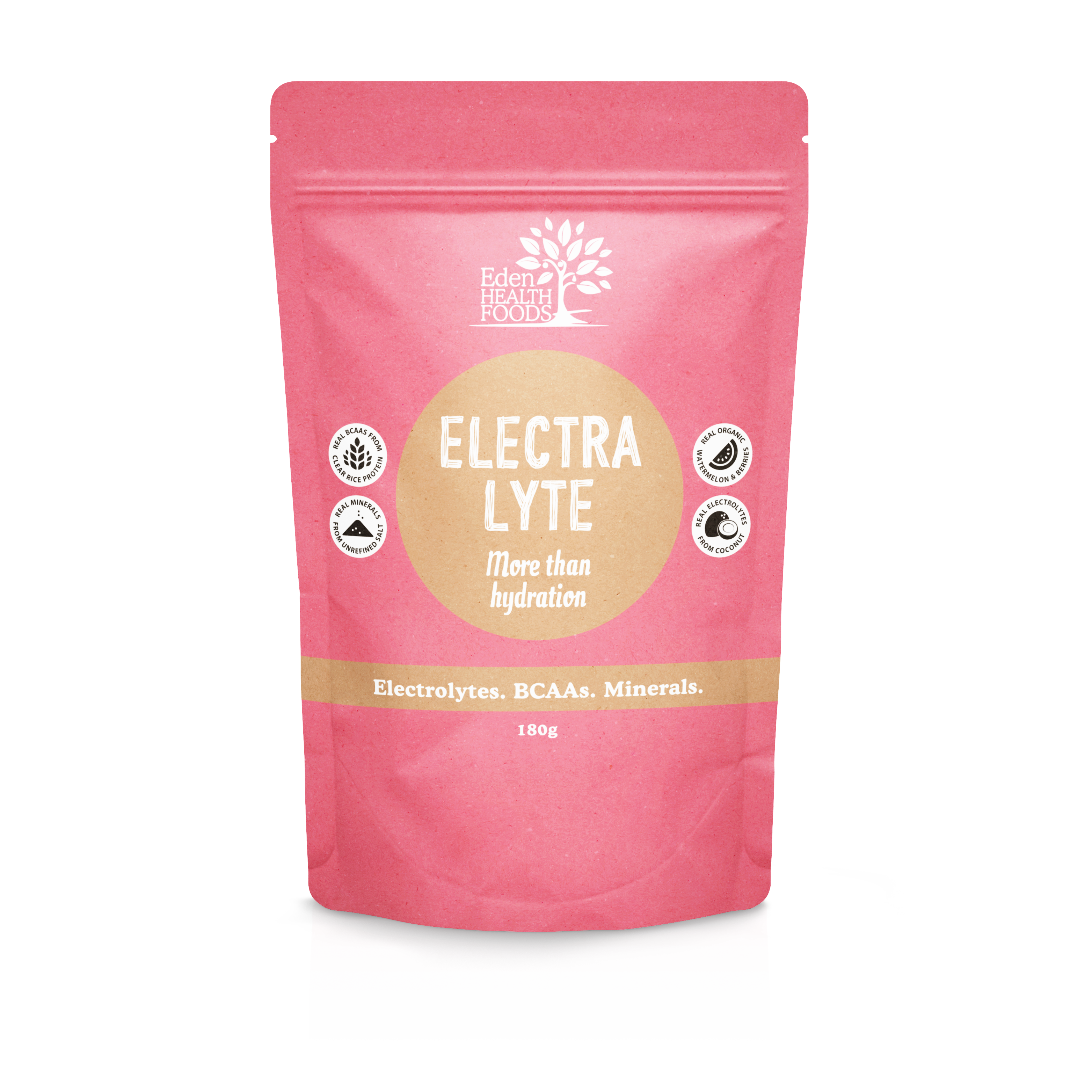 Coral-pink Eden Healthfoods Electra-Lyte Watermelon and Berry pouch standing upright, with a tan circular title panel, white lettering and four small black-and-white symbols.