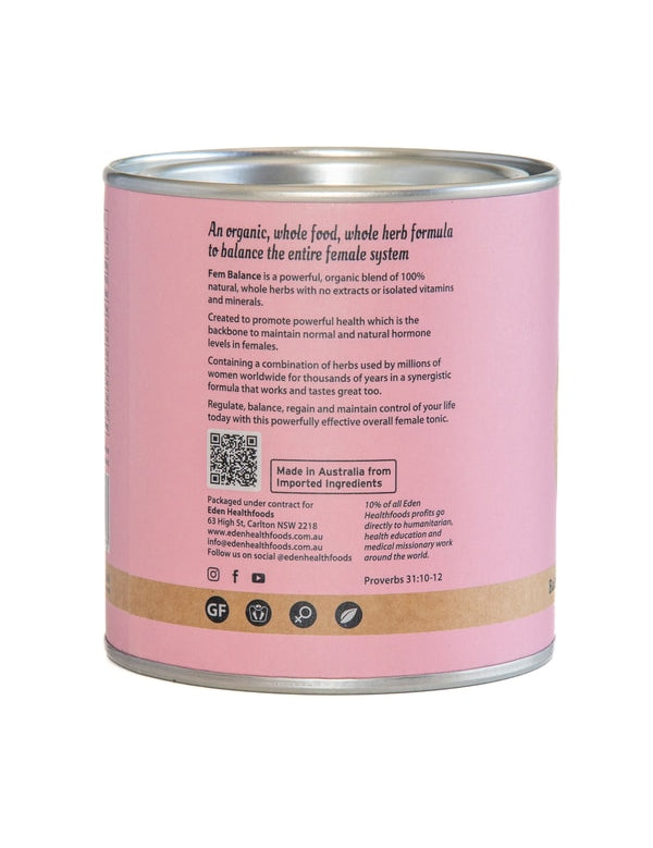 Back of the pink Eden Healthfoods Fem Balance tin with text describing its whole-herb formula, a QR code and a notice saying Made in Australia from imported ingredients.