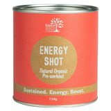 Eden Healthfoods Energy Shot in a red cylindrical tin with silver rims, a tan circular title panel and a tan band near the base.