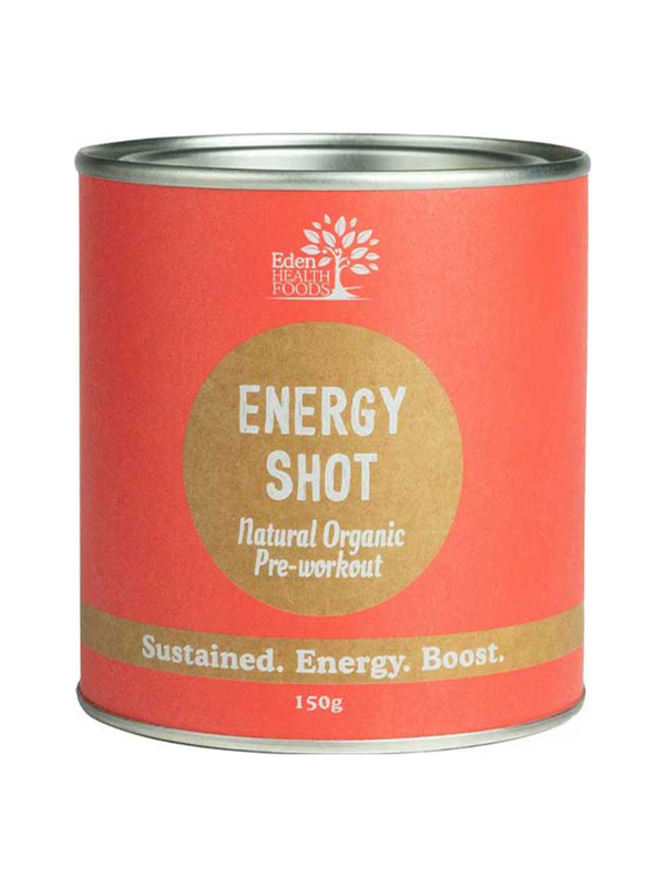 Eden Healthfoods Energy Shot in a red cylindrical tin with silver rims, a tan circular title panel and a tan band near the base.