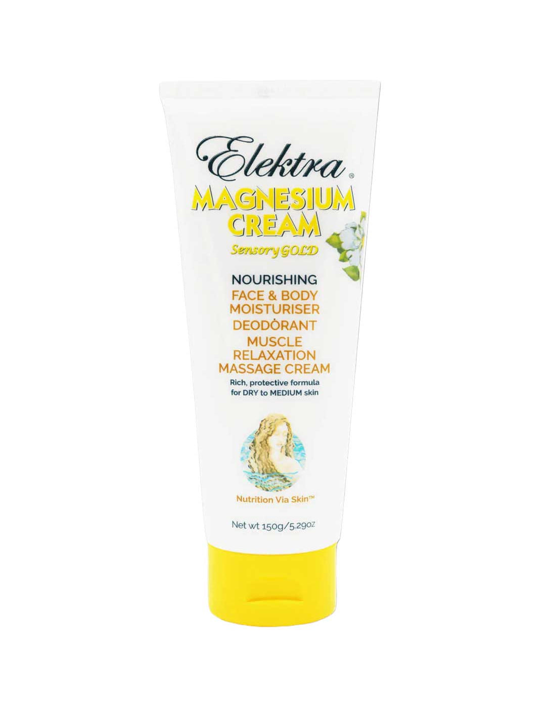 Elektra Magnesium Cream Sensory Gold 150g for face and body features yellow text and flowers on a white tube. It moisturizes, deodorizes, relaxes muscles, and delivers transdermal magnesium benefits.