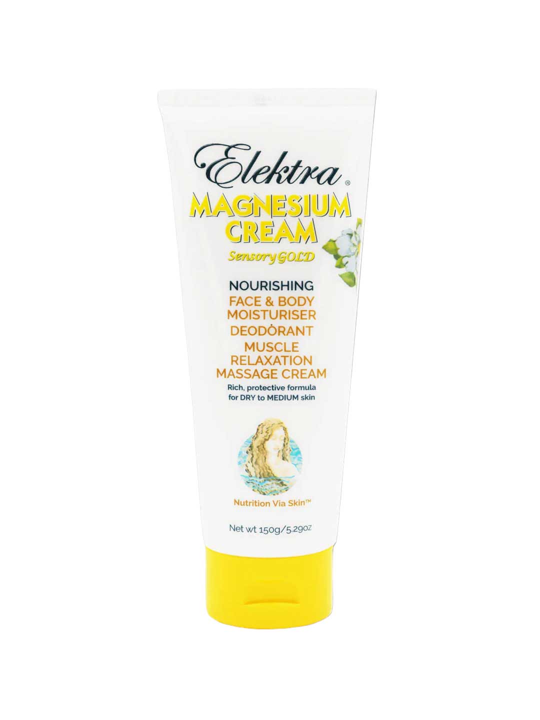 Elektra Magnesium Cream Sensory Gold 150g for face and body features yellow text and flowers on a white tube. It moisturizes, deodorizes, relaxes muscles, and delivers transdermal magnesium benefits.