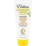 Elektra Magnesium Cream Sensory Gold 150g for face and body features yellow text and flowers on a white tube. It moisturizes, deodorizes, relaxes muscles, and delivers transdermal magnesium benefits.
