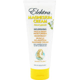Elektra Magnesium Cream Sensory Gold 150g for face and body features yellow text and flowers on a white tube. It moisturizes, deodorizes, relaxes muscles, and delivers transdermal magnesium benefits.