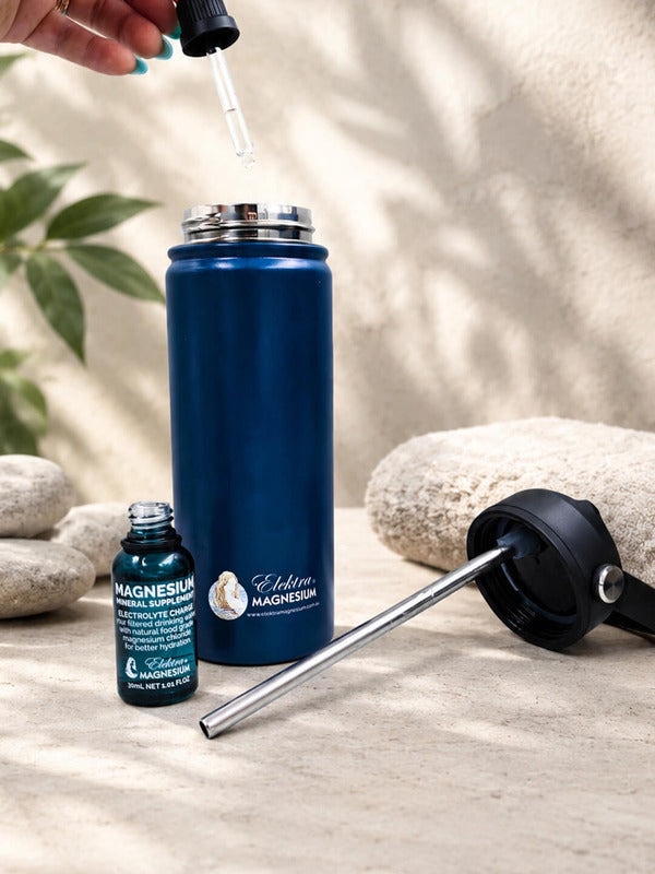 A hand holds a glass dropper above an open blue Elektra water bottle; a small magnesium supplement bottle and the detached lid with metal straw sit beside it.