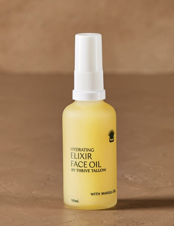 Hydrating Elixir Face Oil bottle in warm natural light – Thrive Tallow Hydrating Elixir Face Oil 50ml