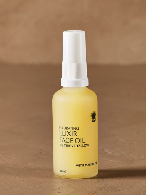 Hydrating Elixir Face Oil bottle in warm natural light – Thrive Tallow Hydrating Elixir Face Oil 50ml