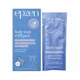 Epzen Body Wash Refill 2pk Coconut Cream & Vanilla Bean (Powder-to-gel) features nourishing ingredients, prebiotics, and a waterless formula. Each box includes sachets for healthy skin in a convenient blue package.