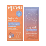 Two Epzen Body Wash Refill packs (Mandarin Orange Blossom & Cedarwood, powder-to-gel) are shown: a larger orange prebiotic+AHA pack and a smaller purple pack, both designed for easy refill use.