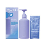 Epzen Body Wash Starter Pack Coconut Cream & Vanilla Bean (Powder-to-gel) includes a box, pump bottle, and sachet. This light purple wash nourishes and conditions skin with a coconut cream and vanilla bean scent.