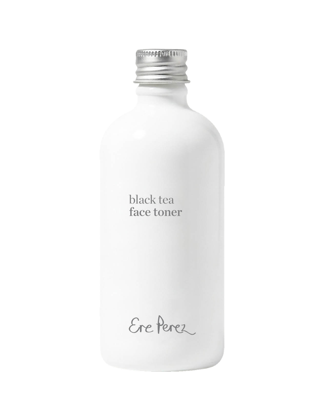 Ere Perez Black Tea Face Toner 100ml in a white bottle with grey lettering and a silver screw cap, shown upright and centred on a plain white background.