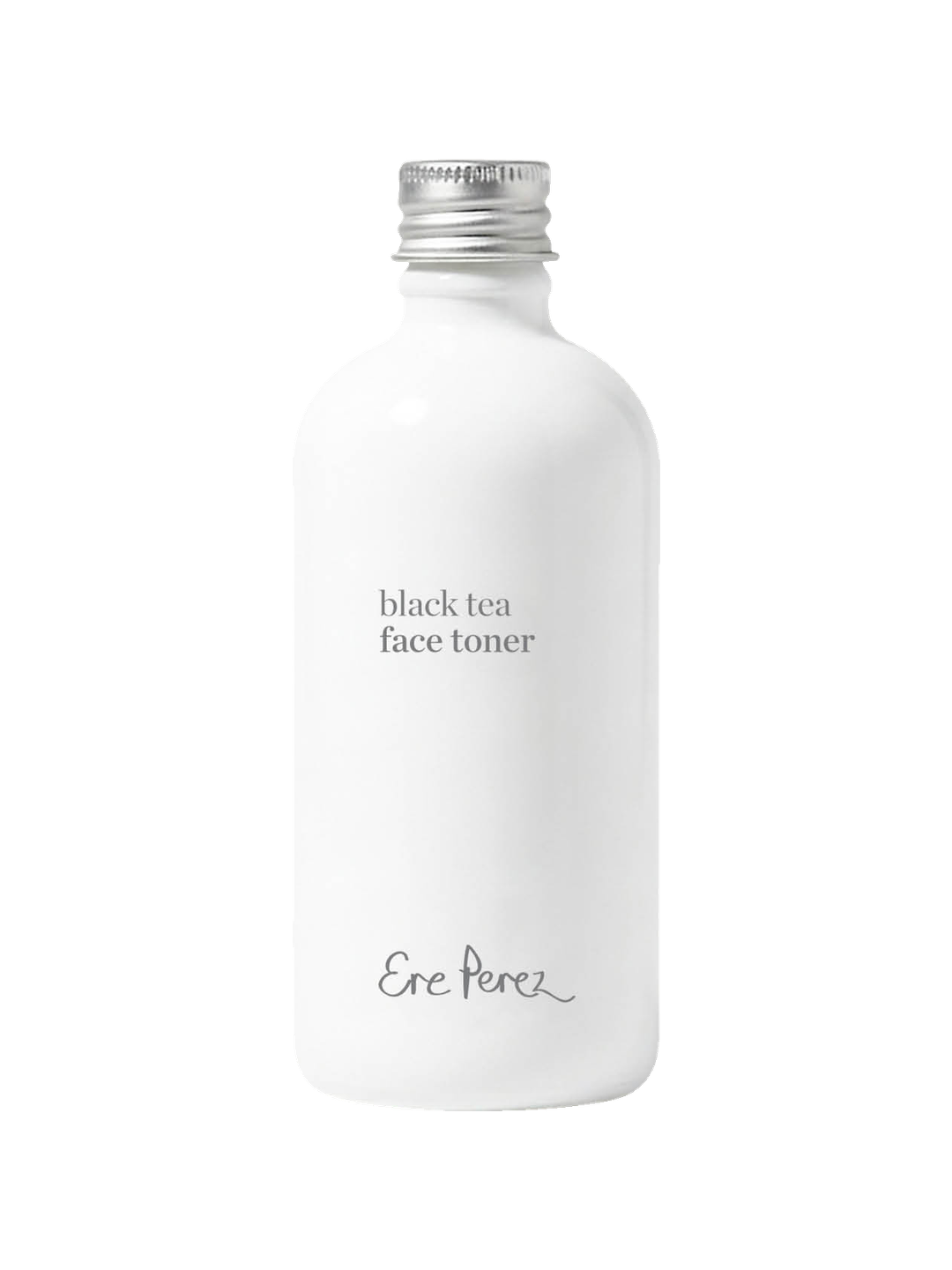 Ere Perez Black Tea Face Toner 100ml in a white bottle with grey lettering and a silver screw cap, shown upright and centred on a plain white background.