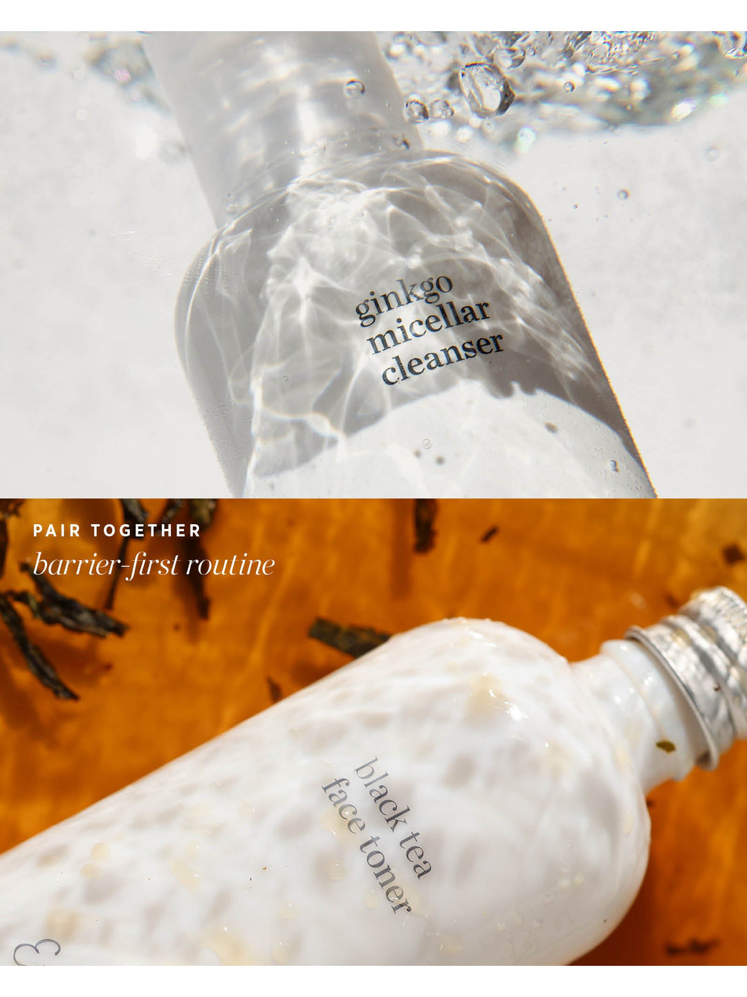Two-panel Ere Perez routine graphic showing Ginkgo Micellar Cleanser in clear water above Black Tea Face Toner in amber liquid, with the caption Pair together: barrier-first routine.