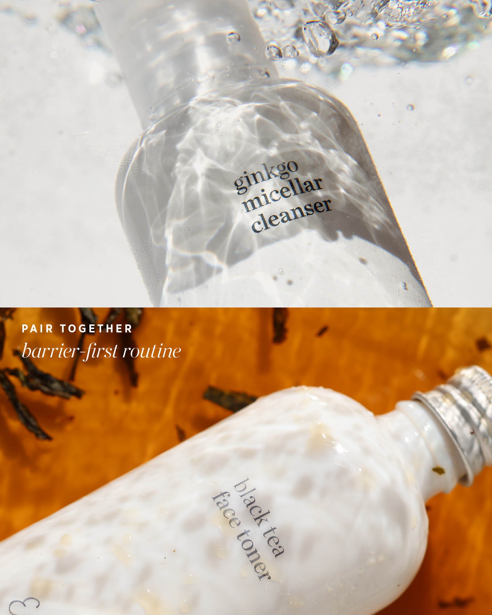 Two-panel Ere Perez routine graphic showing Ginkgo Micellar Cleanser in clear water above Black Tea Face Toner in amber liquid, with the caption Pair together: barrier-first routine.
