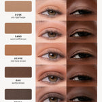 Element Matte shade chart comparing each eyeshadow on light and deep skin tones in side-by-side eye close-ups: Dusk, light beige; Sand, warm soft brown; Ochre, mid-tone brown; Oak, earthy brown; and Terra, deep dark brown.