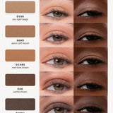 Element Matte shade chart comparing each eyeshadow on light and deep skin tones in side-by-side eye close-ups: Dusk, light beige; Sand, warm soft brown; Ochre, mid-tone brown; Oak, earthy brown; and Terra, deep dark brown.