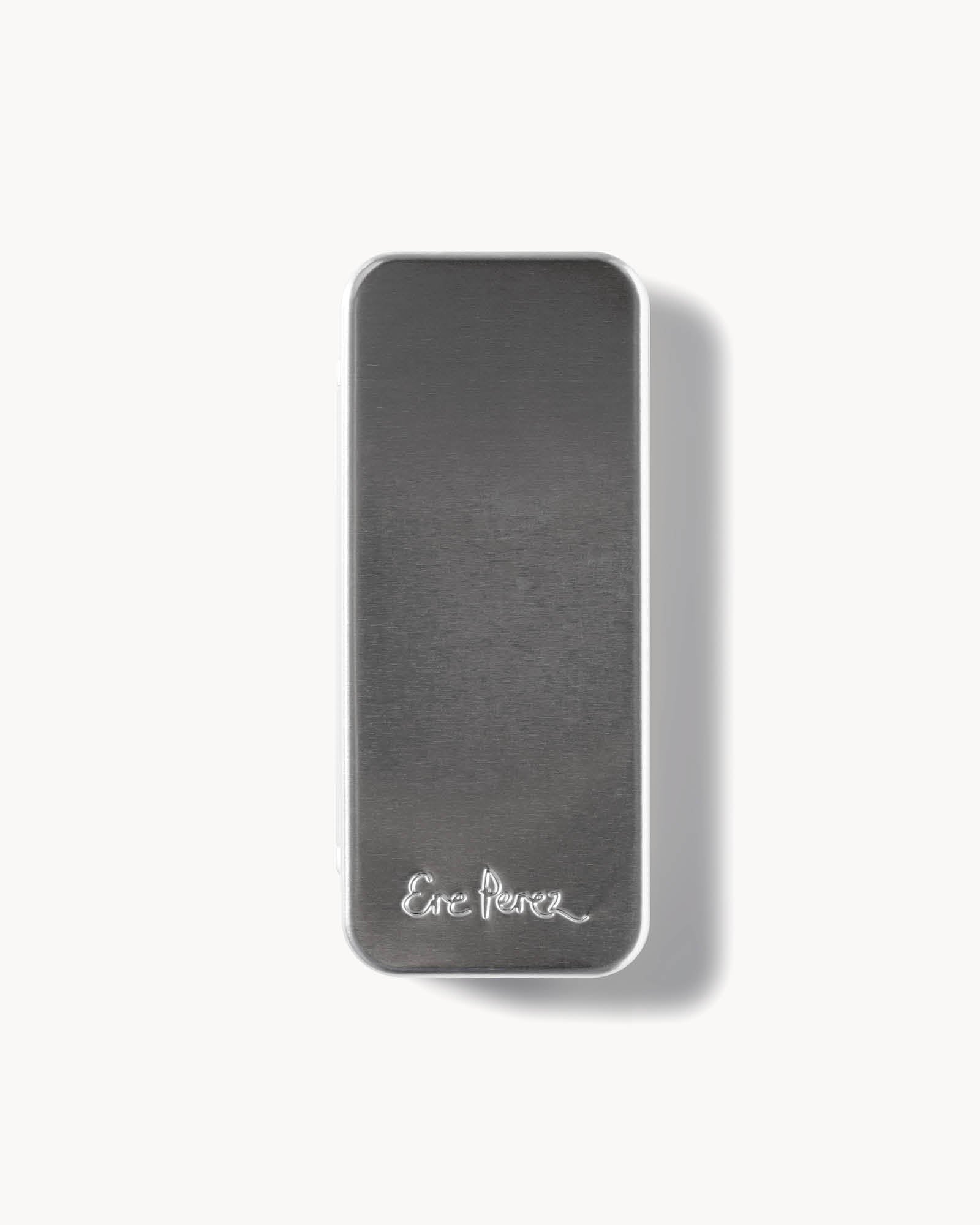 Closed silver metal case for the Ere Perez Element Matte Chamomile Eye Palette, with rounded corners and the Ere Perez name embossed near the bottom.