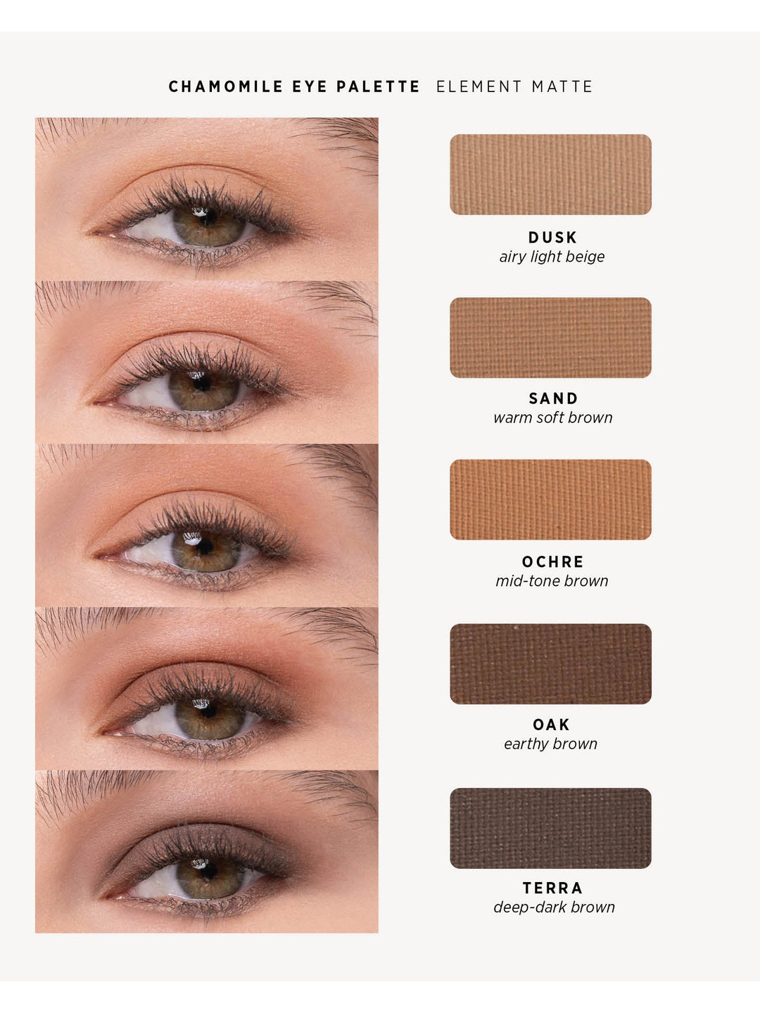 Ere Perez Element Matte shade chart with five eye close-ups on light skin and matching matte swatches: Dusk, light beige; Sand, warm soft brown; Ochre, mid-tone brown; Oak, earthy brown; and Terra, deep dark brown.