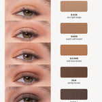Ere Perez Element Matte shade chart with five eye close-ups on light skin and matching matte swatches: Dusk, light beige; Sand, warm soft brown; Ochre, mid-tone brown; Oak, earthy brown; and Terra, deep dark brown.