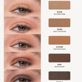Ere Perez Element Matte shade chart with five eye close-ups on light skin and matching matte swatches: Dusk, light beige; Sand, warm soft brown; Ochre, mid-tone brown; Oak, earthy brown; and Terra, deep dark brown.