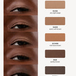 Ere Perez Element Matte shade chart with five eye close-ups on deep skin and matching matte swatches: Dusk, light beige; Sand, warm soft brown; Ochre, mid-tone brown; Oak, earthy brown; and Terra, deep dark brown.