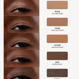 Ere Perez Element Matte shade chart with five eye close-ups on deep skin and matching matte swatches: Dusk, light beige; Sand, warm soft brown; Ochre, mid-tone brown; Oak, earthy brown; and Terra, deep dark brown.