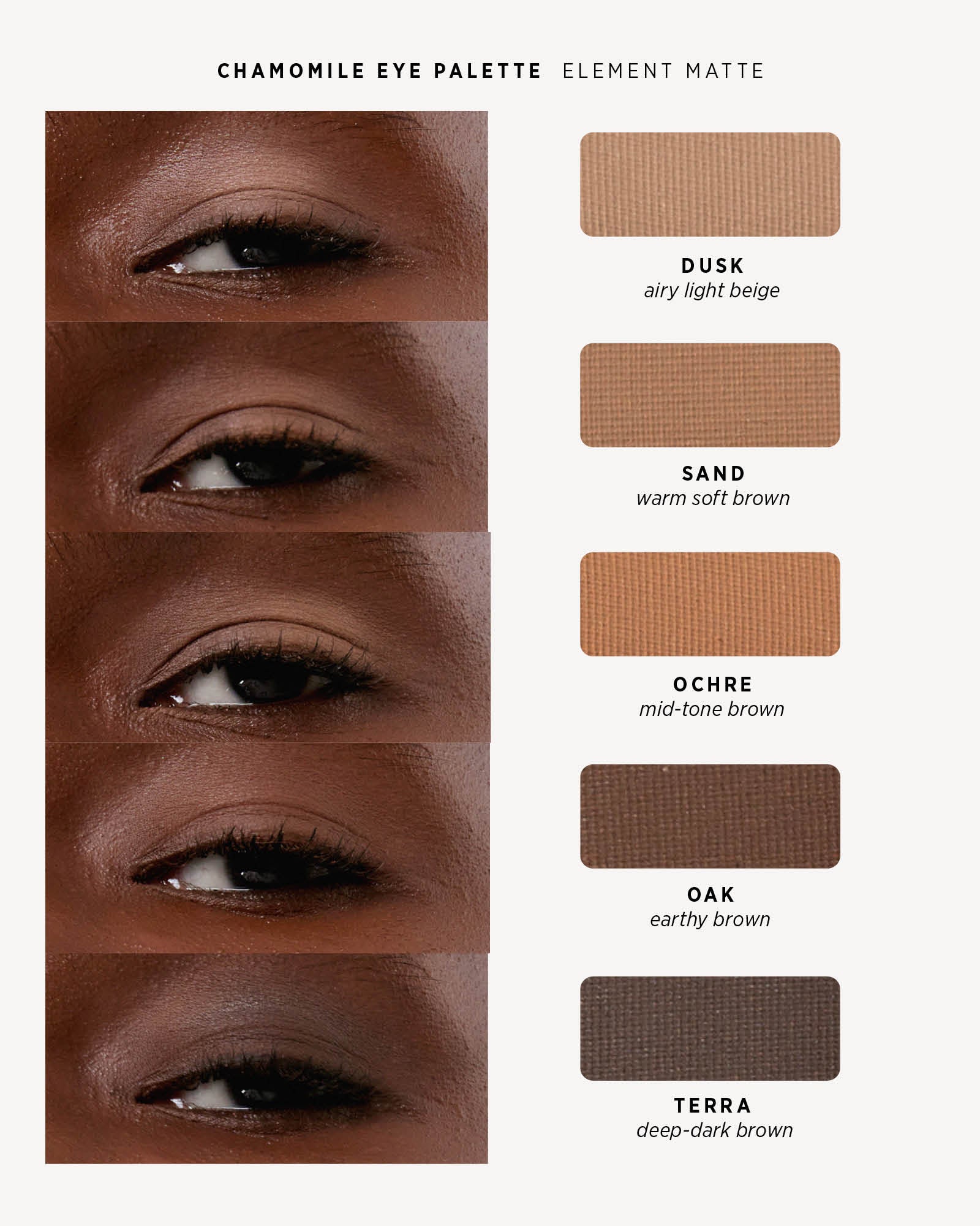 Ere Perez Element Matte shade chart with five eye close-ups on deep skin and matching matte swatches: Dusk, light beige; Sand, warm soft brown; Ochre, mid-tone brown; Oak, earthy brown; and Terra, deep dark brown.