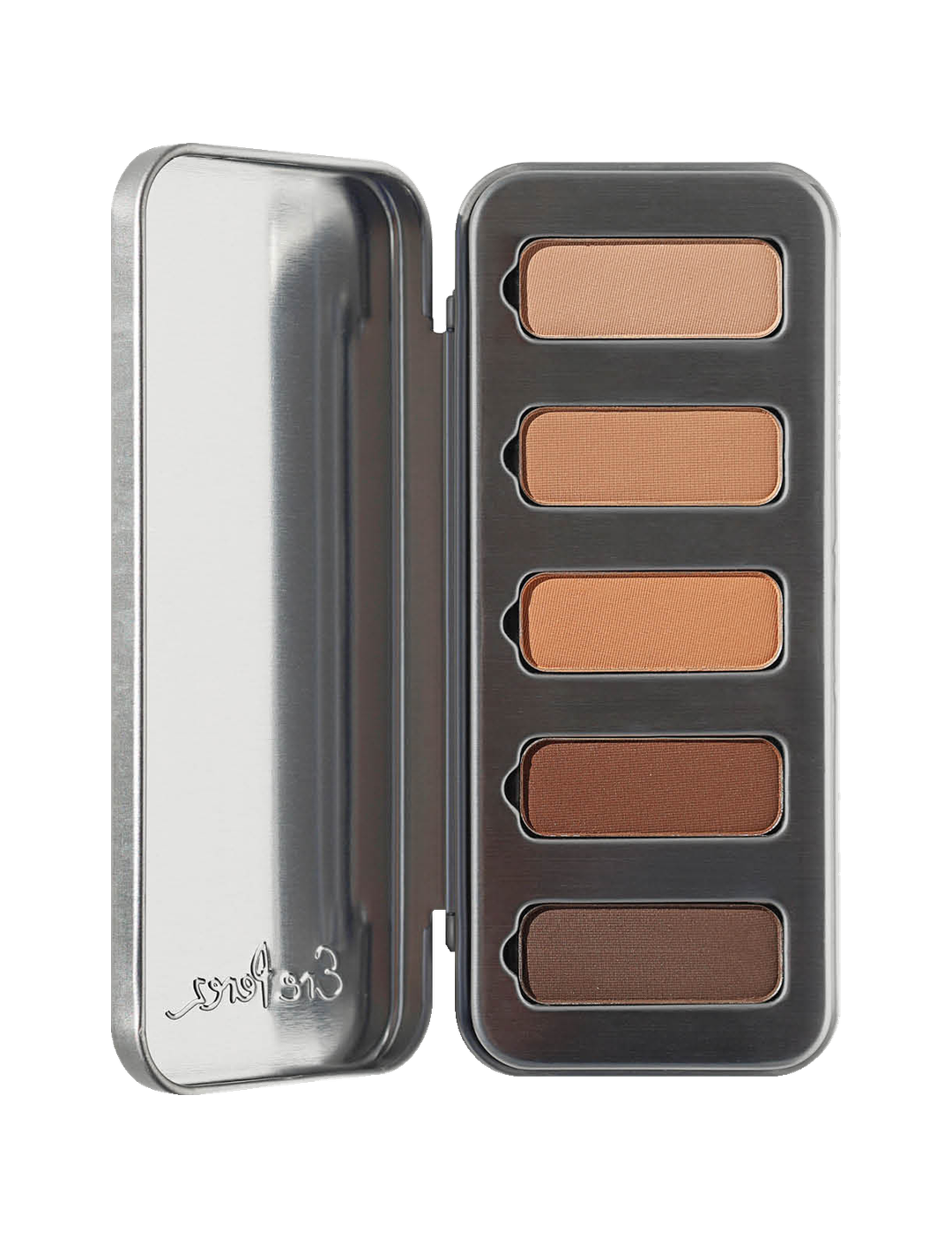 Ere Perez Chamomile Eye Palette in Element Matte, open silver case showing five matte eyeshadows from light beige to deep brown, centred on white.