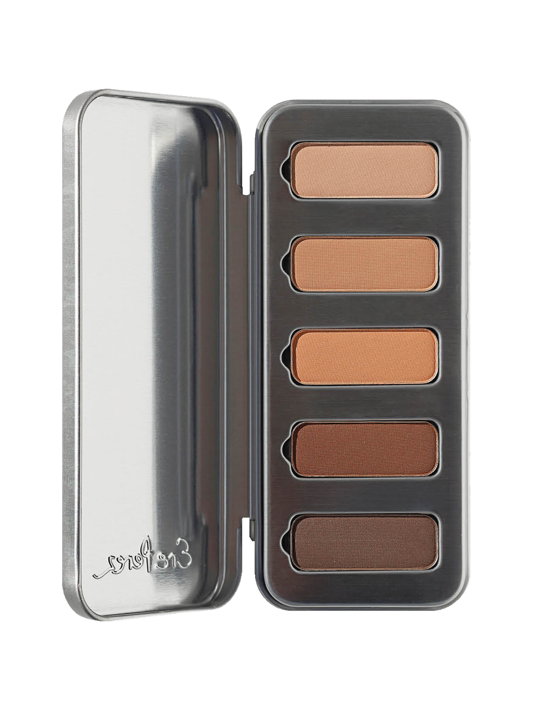 Ere Perez Chamomile Eye Palette in Element Matte, open silver case showing five matte eyeshadows from light beige to deep brown, centred on white.