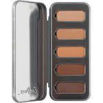 Ere Perez Chamomile Eye Palette in Element Matte, open silver case showing five matte eyeshadows from light beige to deep brown, centred on white.