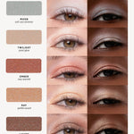 Light Shimmer shade chart comparing each eyeshadow on light and deep skin tones in side-by-side eye close-ups: Moon, cool silver shimmer; Twilight, pearl glow; Ember, rosy warmth; Ray, golden peach; and Lustre, bronze sheen.