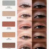 Light Shimmer shade chart comparing each eyeshadow on light and deep skin tones in side-by-side eye close-ups: Moon, cool silver shimmer; Twilight, pearl glow; Ember, rosy warmth; Ray, golden peach; and Lustre, bronze sheen.