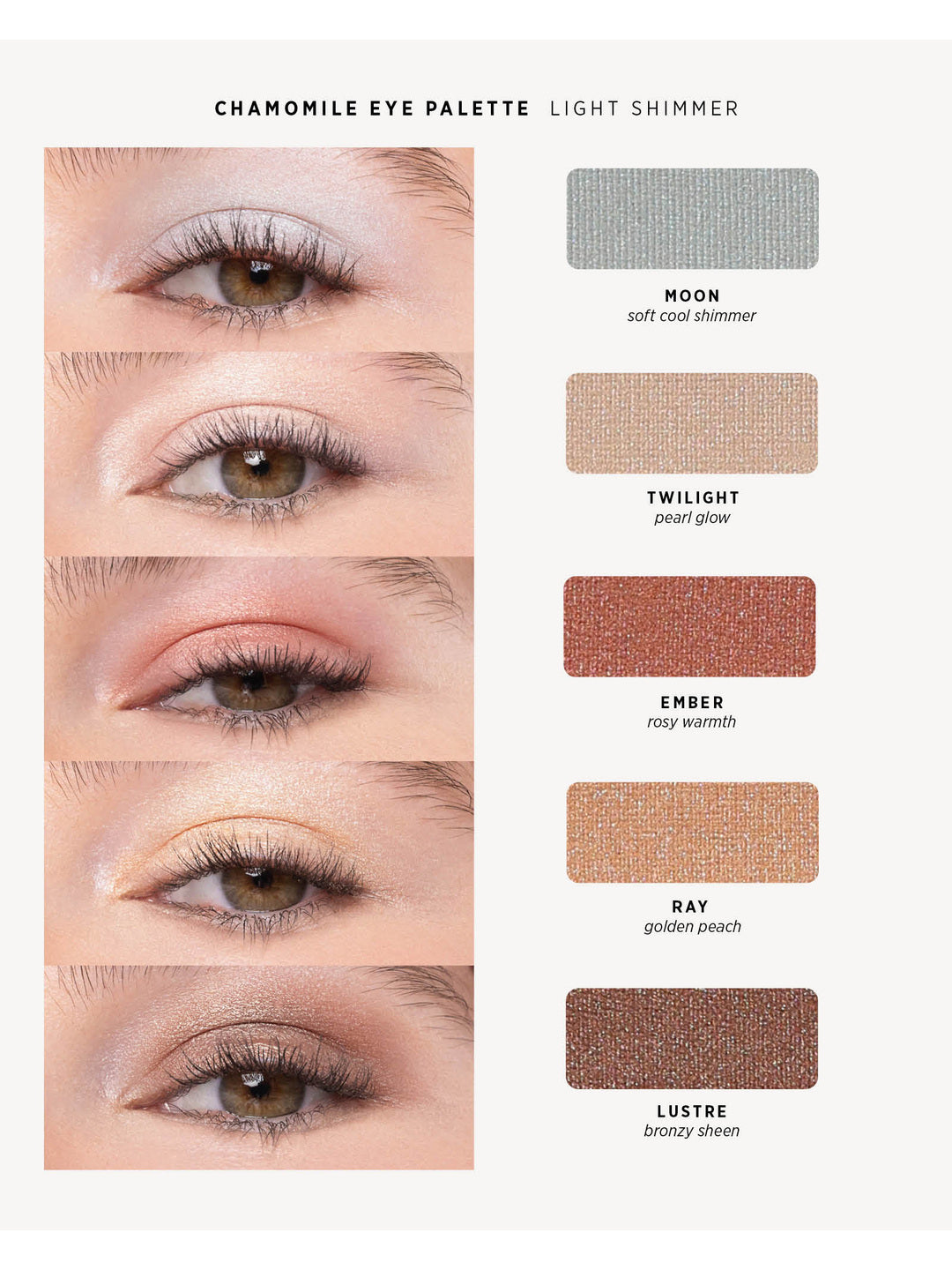 Ere Perez Light Shimmer shade chart with five eye close-ups on light skin and matching shimmering swatches: Moon, cool silver shimmer; Twilight, pearl glow; Ember, rosy warmth; Ray, golden peach; and Lustre, bronze sheen.