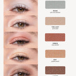 Ere Perez Light Shimmer shade chart with five eye close-ups on light skin and matching shimmering swatches: Moon, cool silver shimmer; Twilight, pearl glow; Ember, rosy warmth; Ray, golden peach; and Lustre, bronze sheen.